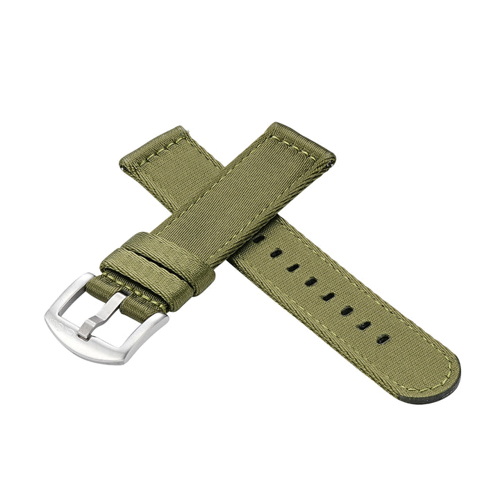 BluShark Straps Alpha2 two-piece nylon watch strap in Army Green – crossed straps with stainless steel buckle