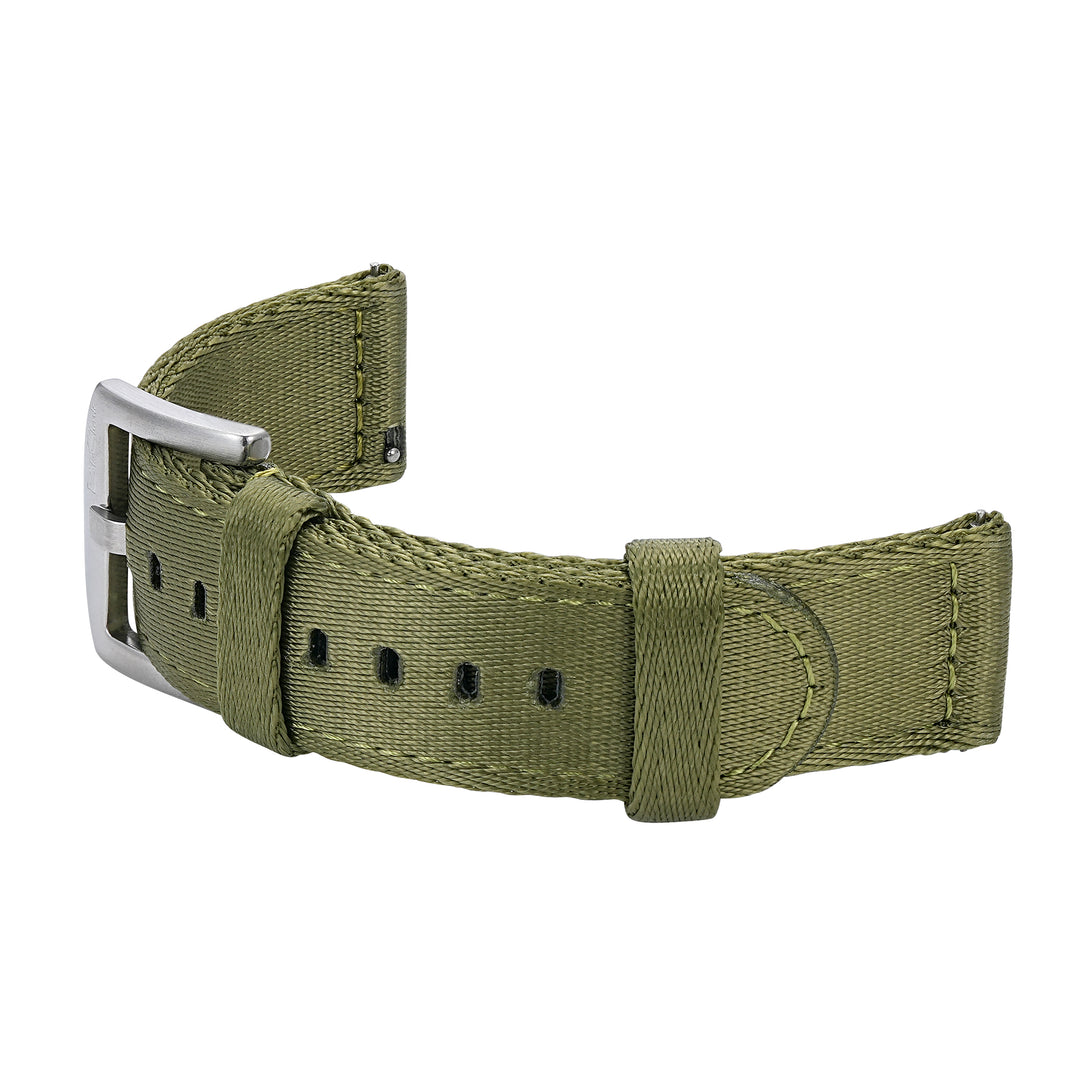 BluShark Straps Alpha2 two-piece nylon watch strap in Army Green – curved strap with buckle and keepers, shown as worn