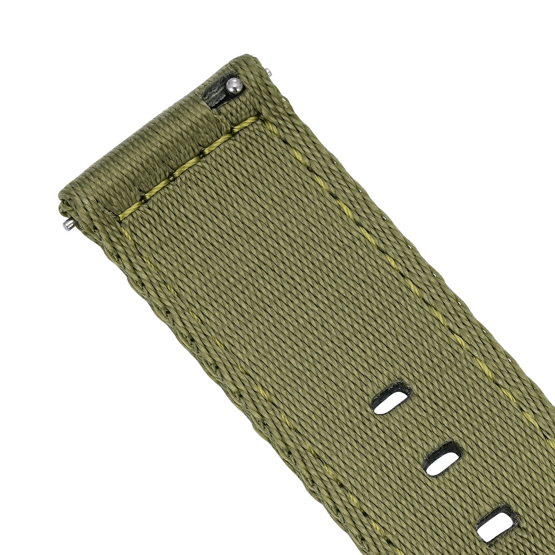 BluShark Straps Alpha2 two-piece nylon watch strap in Army Green – close-up of the quick-release spring bar end