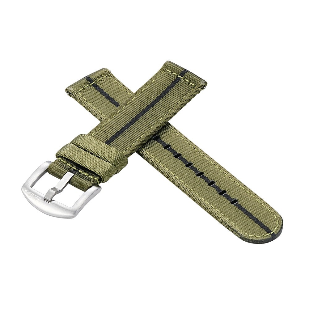 BluShark Straps Alpha2 two-piece nylon watch strap in Convoy Green – crossed straps with stainless steel buckle