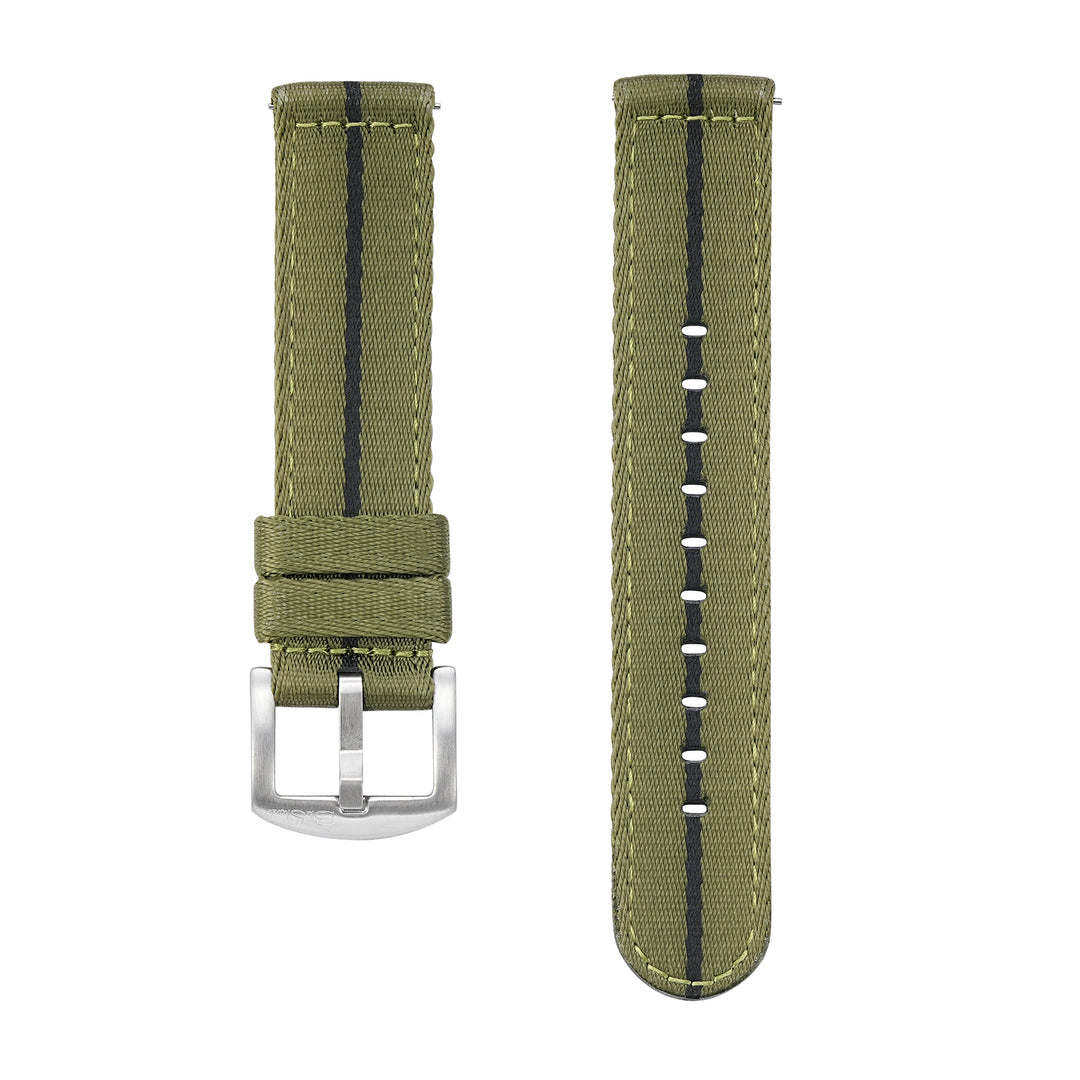 BluShark Straps Alpha2 two-piece nylon watch strap in Convoy Green – both strap pieces shown side by side