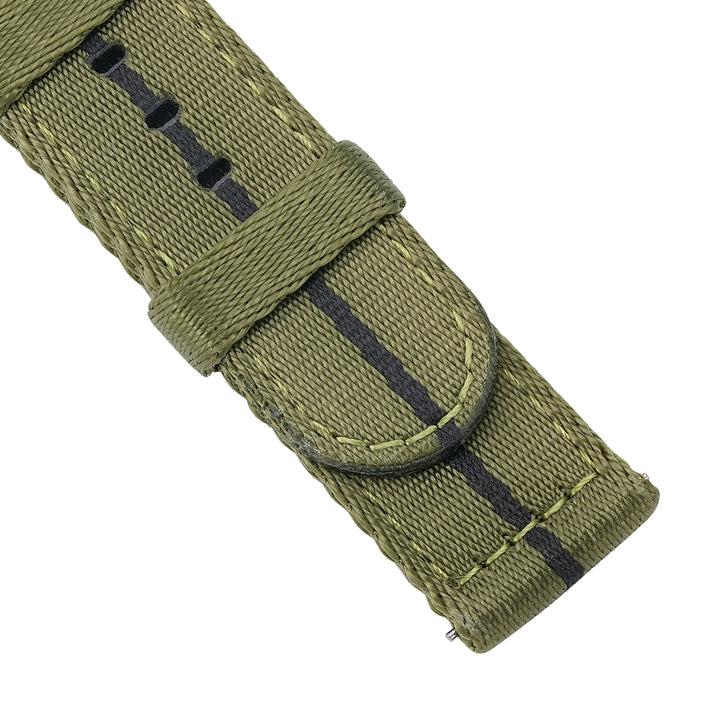 BluShark Straps Alpha2 two-piece nylon watch strap in Convoy Green – close-up of the seatbelt nylon weave and keeper
