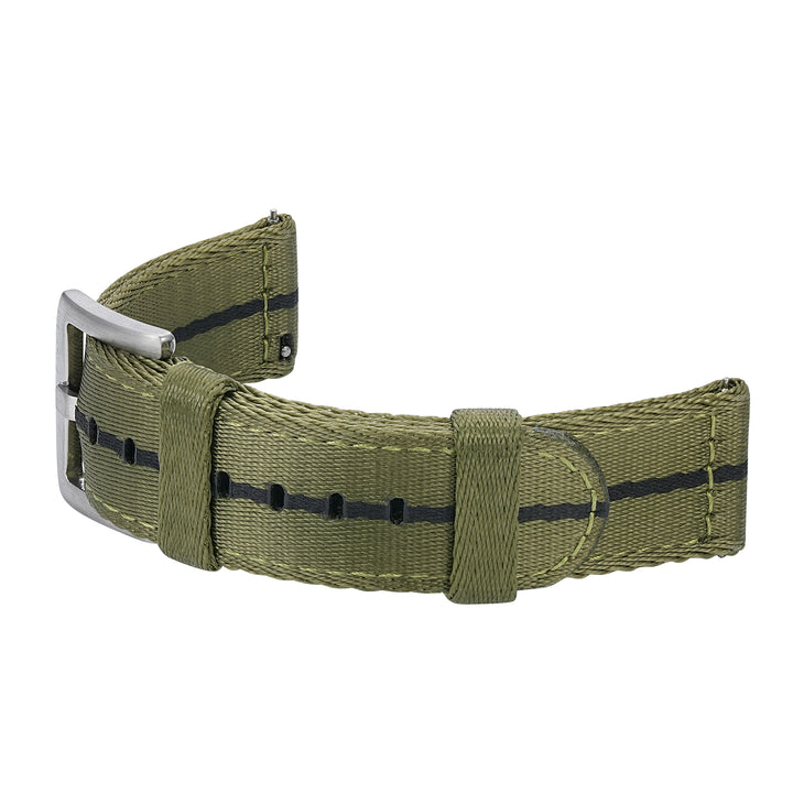 BluShark Straps Alpha2 two-piece nylon watch strap in Convoy Green – curved strap with buckle and keepers, shown as worn