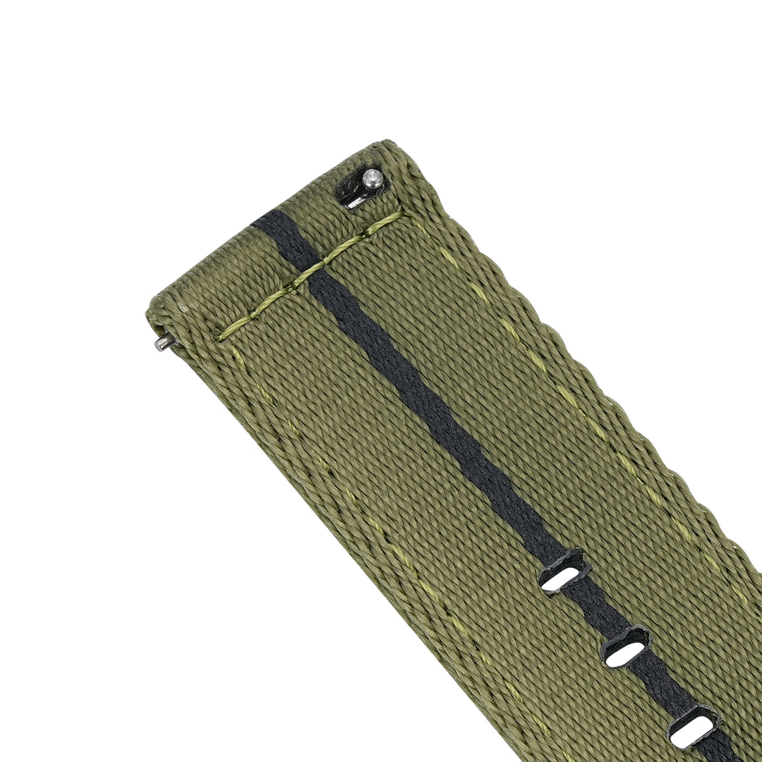 BluShark Straps Alpha2 two-piece nylon watch strap in Convoy Green – close-up of the quick-release spring bar end