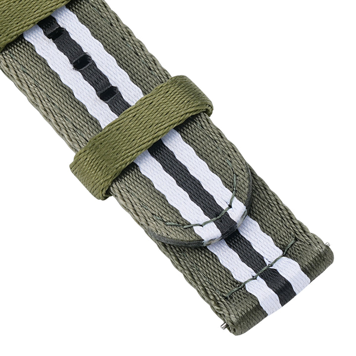 BluShark Straps Alpha2 two-piece nylon watch strap in Koala – close-up of the seatbelt nylon weave and keeper