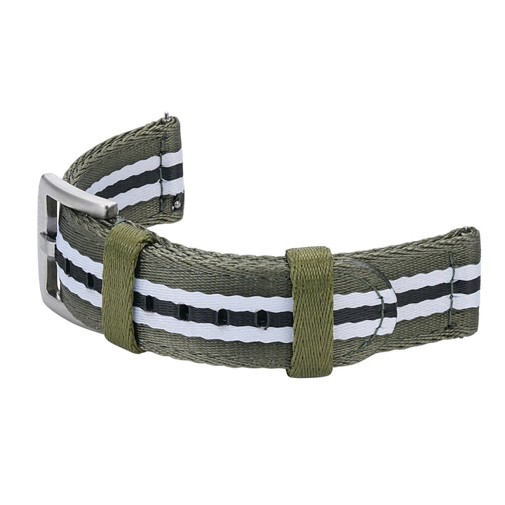 BluShark Straps Alpha2 two-piece nylon watch strap in Koala – curved strap with buckle and keepers, shown as worn