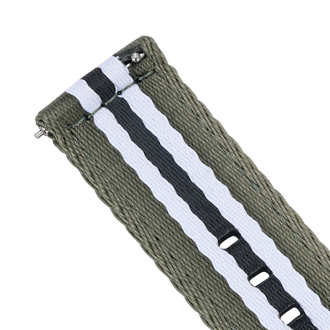 BluShark Straps Alpha2 two-piece nylon watch strap in Koala – close-up of the quick-release spring bar end