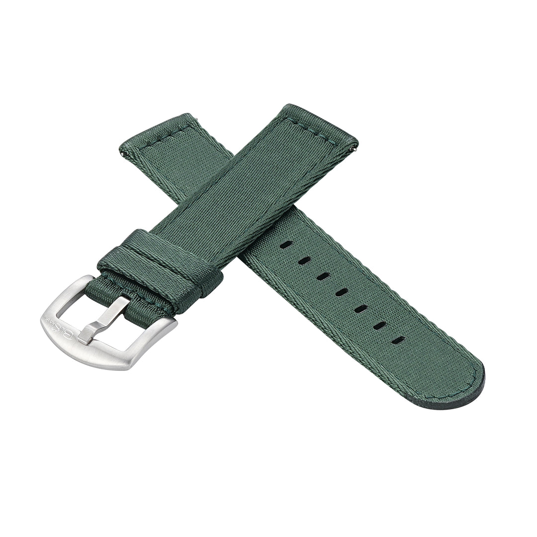 BluShark Straps Alpha2 two-piece nylon watch strap in Pine Barrens – crossed straps with stainless steel buckle