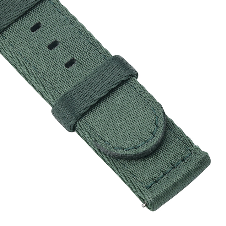 BluShark Straps Alpha2 two-piece nylon watch strap in Pine Barrens – close-up of the seatbelt nylon weave and keeper
