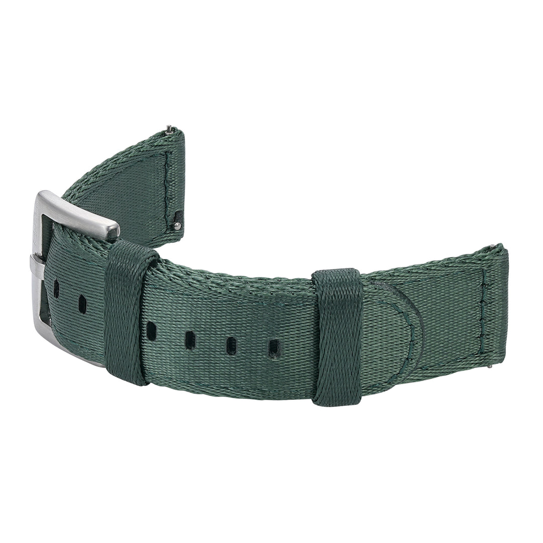 BluShark Straps Alpha2 two-piece nylon watch strap in Pine Barrens – curved strap with buckle and keepers, shown as worn