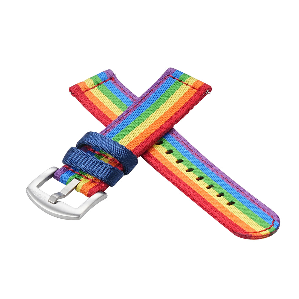 BluShark Straps Alpha2 two-piece nylon watch strap in Rainbow – crossed straps with stainless steel buckle