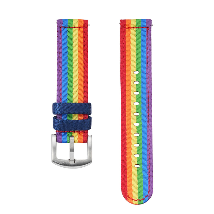 BluShark Straps Alpha2 two-piece nylon watch strap in Rainbow – both strap pieces shown side by side