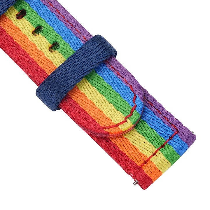 BluShark Straps Alpha2 two-piece nylon watch strap in Rainbow – close-up of the seatbelt nylon weave and keeper