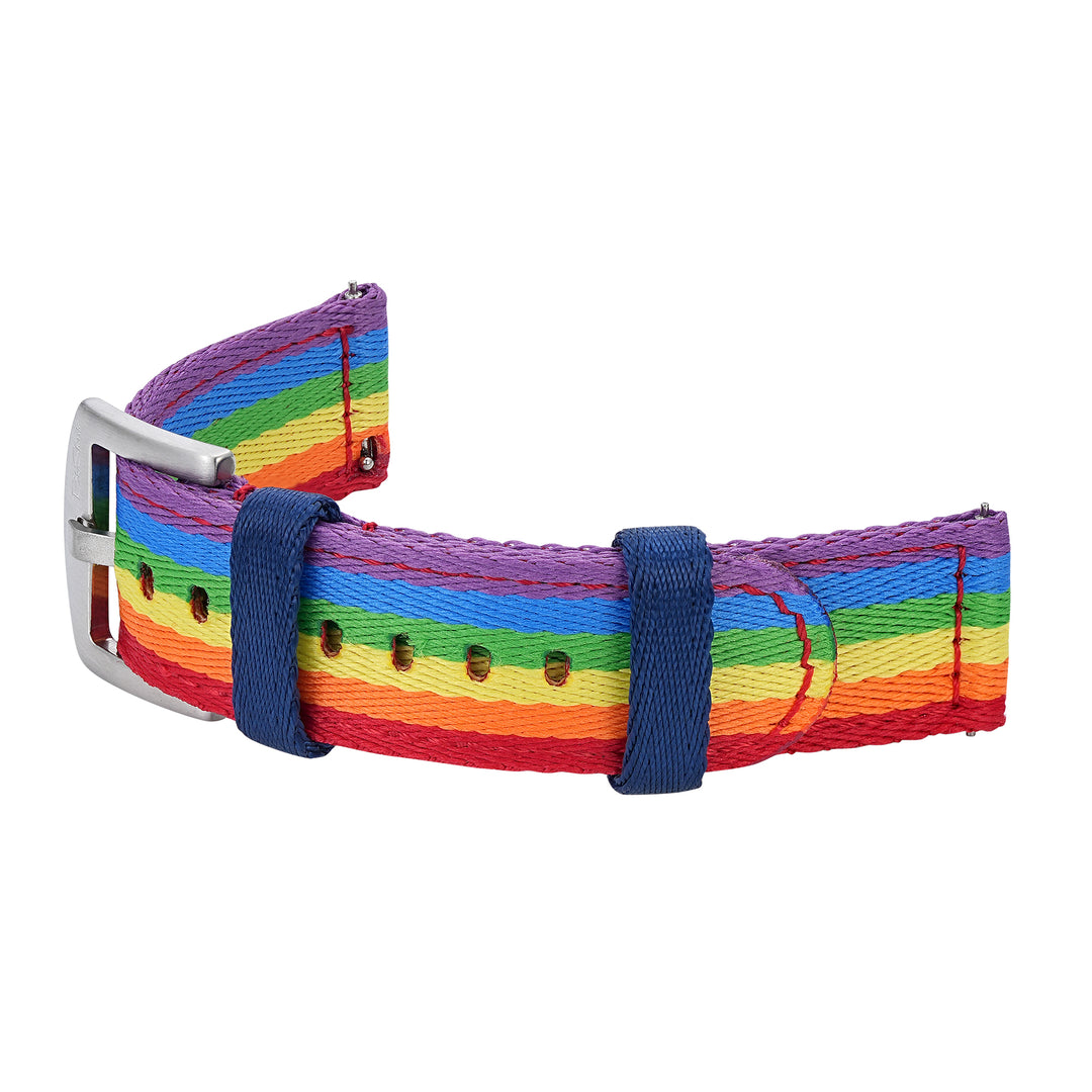 BluShark Straps Alpha2 two-piece nylon watch strap in Rainbow – curved strap with buckle and keepers, shown as worn