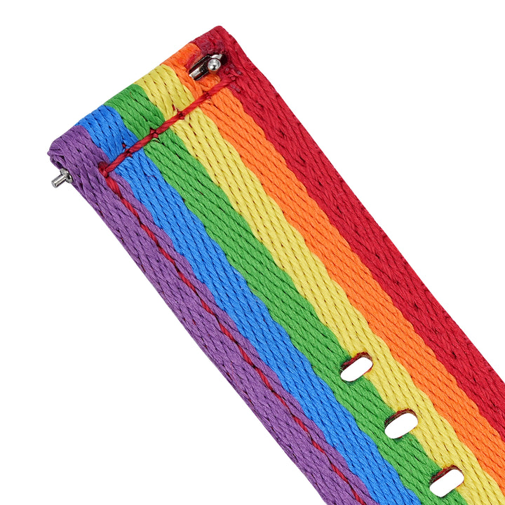 BluShark Straps Alpha2 two-piece nylon watch strap in Rainbow – close-up of the quick-release spring bar end