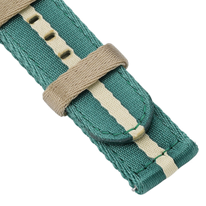 BluShark Straps Alpha2 two-piece nylon watch strap in Scout – close-up of the seatbelt nylon weave and keeper