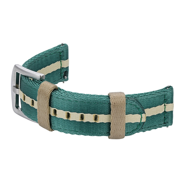 BluShark Straps Alpha2 two-piece nylon watch strap in Scout – curved strap with buckle and keepers, shown as worn