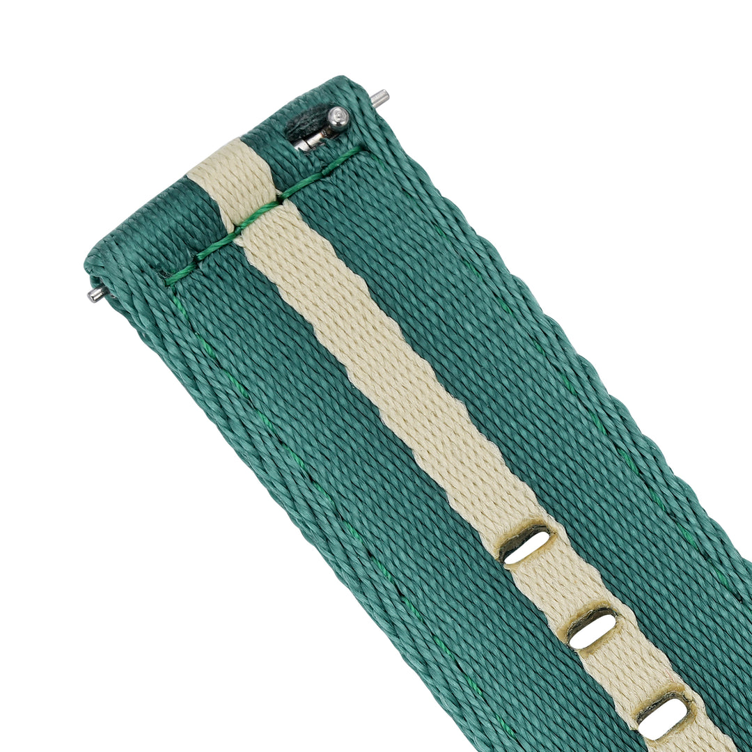 BluShark Straps Alpha2 two-piece nylon watch strap in Scout – close-up of the quick-release spring bar end