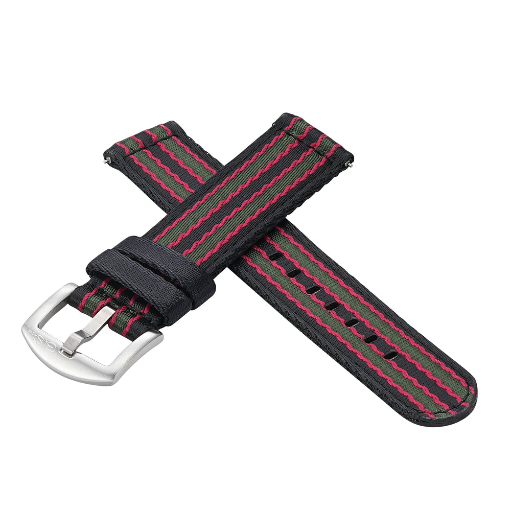 BluShark Straps Alpha2 two-piece nylon watch strap in Vintage Bond – crossed straps with stainless steel buckle