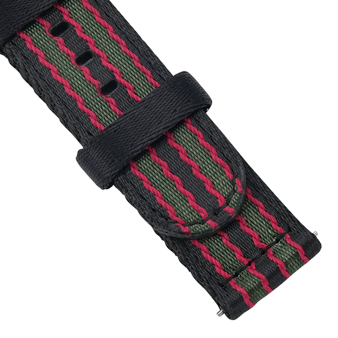 BluShark Straps Alpha2 two-piece nylon watch strap in Vintage Bond – close-up of the seatbelt nylon weave and keeper
