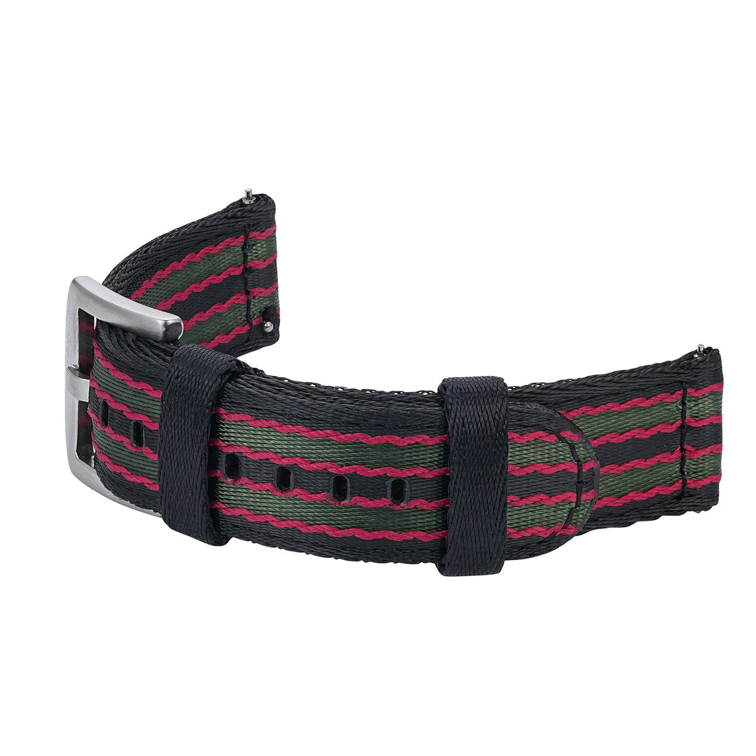 BluShark Straps Alpha2 two-piece nylon watch strap in Vintage Bond – curved strap with buckle and keepers, shown as worn