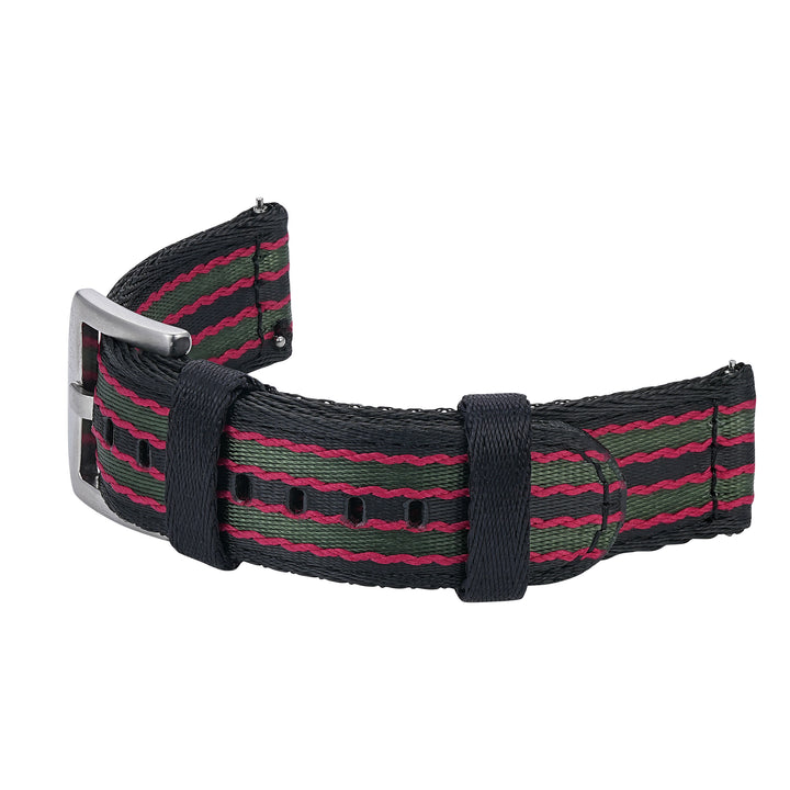 BluShark Straps Alpha2 two-piece nylon watch strap in Vintage Bond – curved strap with buckle and keepers, shown as worn