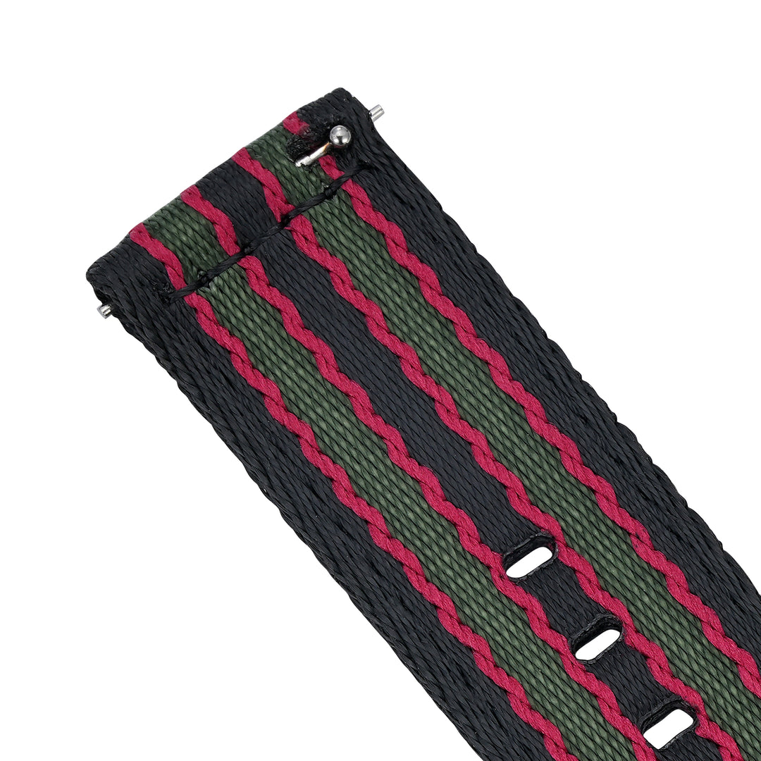BluShark Straps Alpha2 two-piece nylon watch strap in Vintage Bond – close-up of the quick-release spring bar end