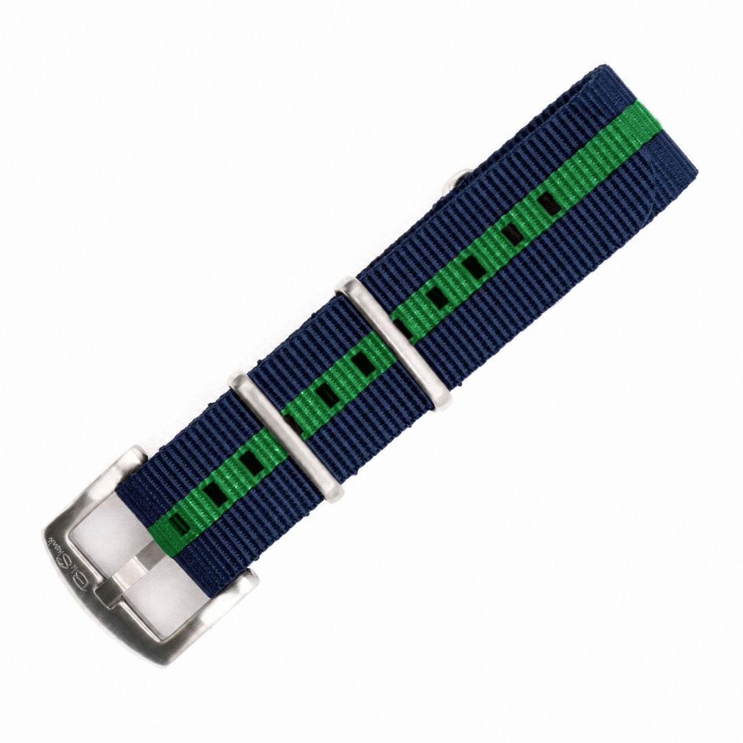 Original Club Navy and Green Striped Nylon Pass-Through Military Style Double Pass Watch Strap BluShark Straps Brushed Hardware