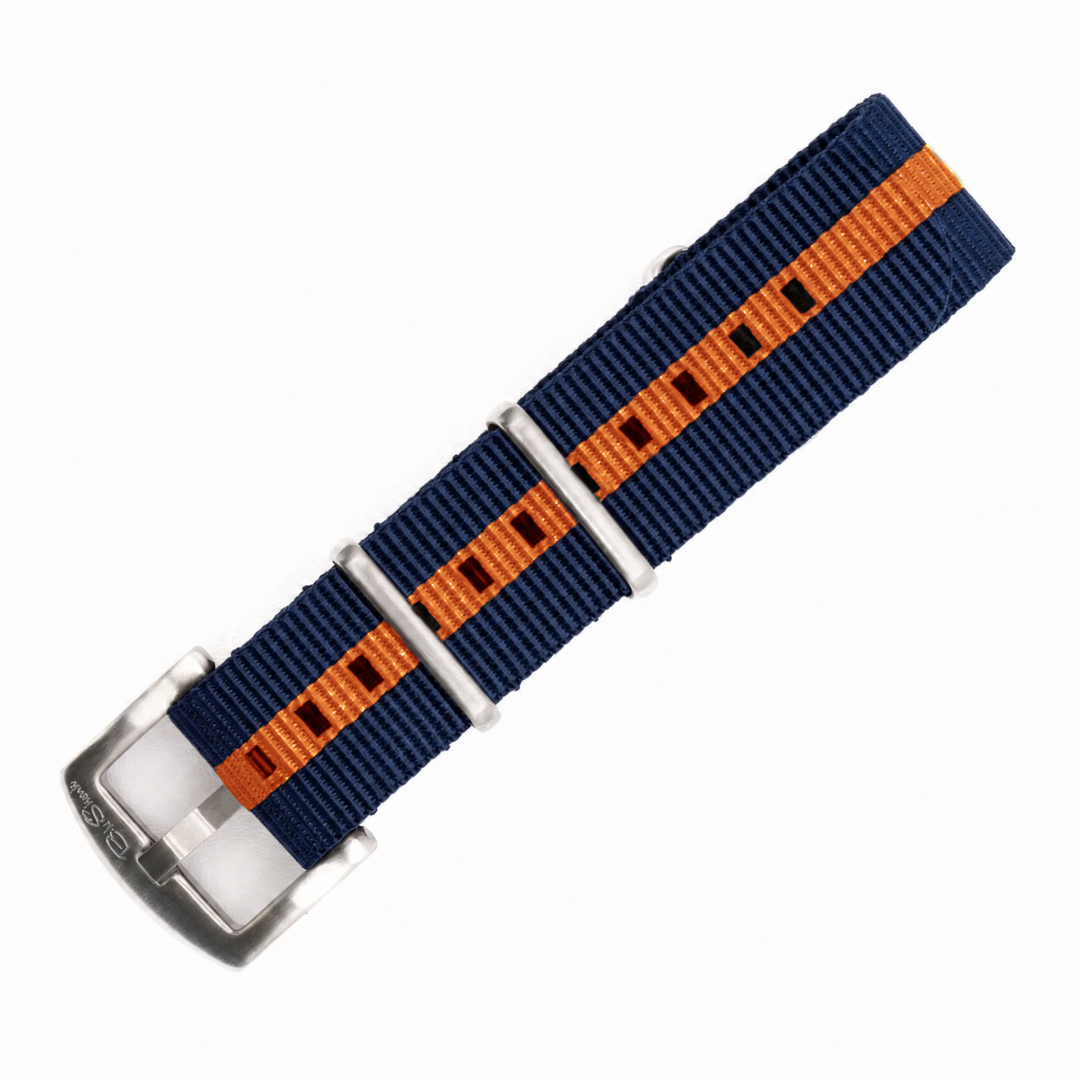 Original Club Navy and Orange Striped Nylon Pass-Through Military Style Double Pass Watch Strap BluShark Straps Brushed Hardware