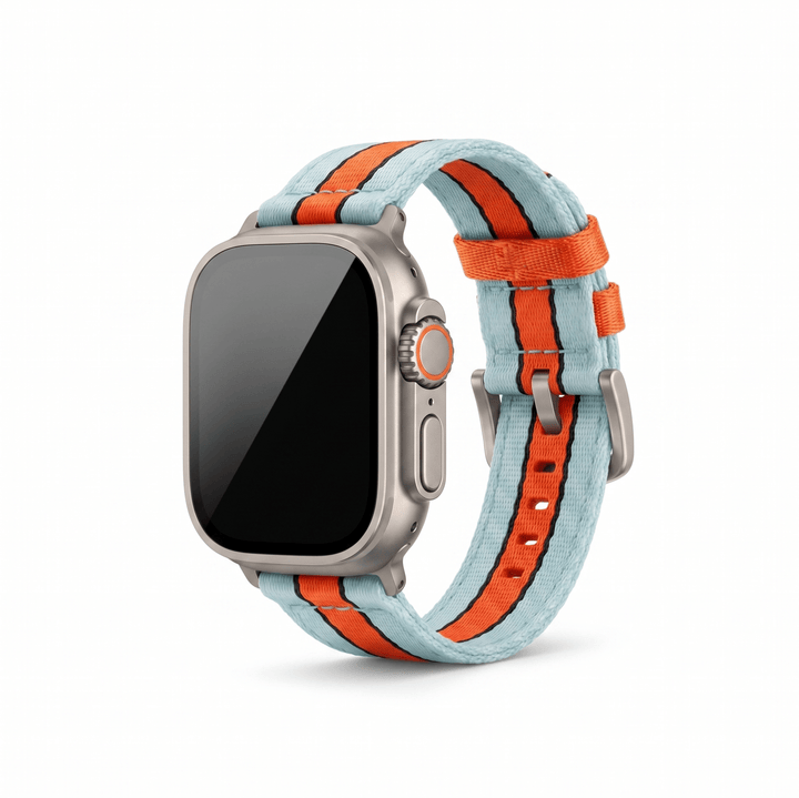 Alpha2 Band - For Apple Watch ULTRA - Racing Stripe - Blue Orange Black - BluShark Straps