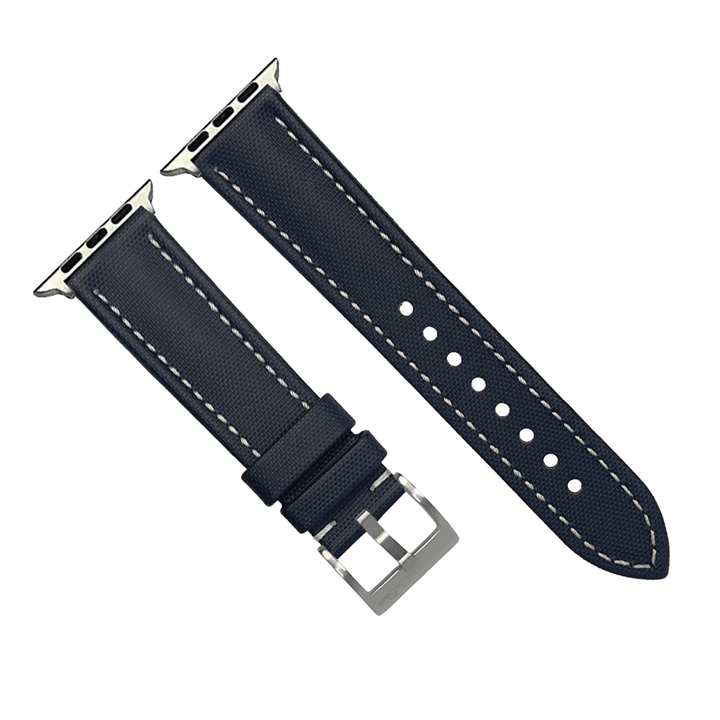 BluShark Apple Band Sailcloth Small Apple Watch (38/40/41mm) + Series10 42mm / Silver Adapter + Brushed Buckle Apple Band - Sailcloth - Blue with White