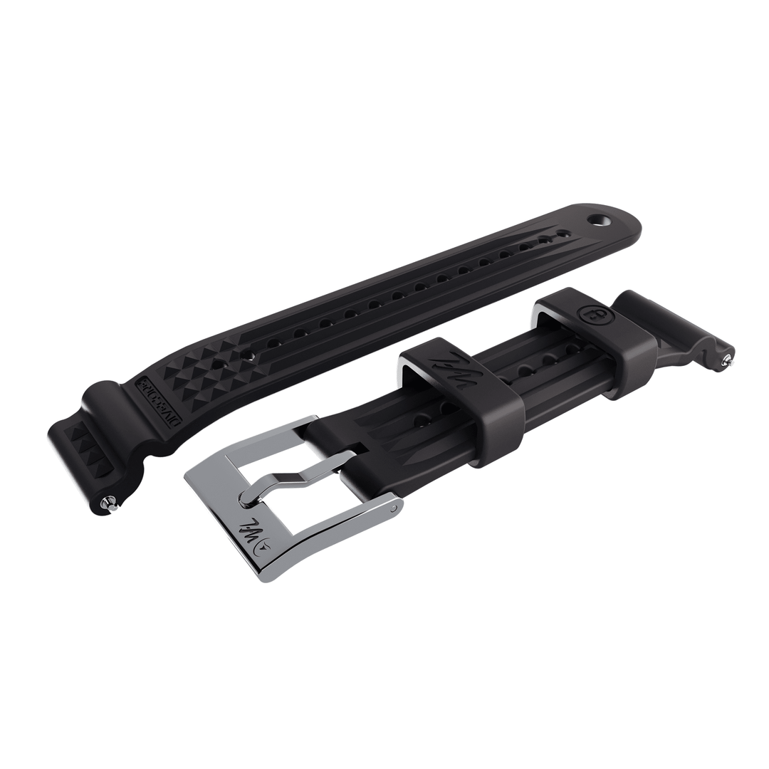 BluShark Straps Divecore - HNBR Rubber - WFL Professional Diving Watch Strap - Black- Brushed buckle