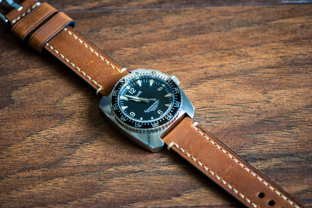Leather - Border Stitch Hazelnut Brown - BluShark Straps
