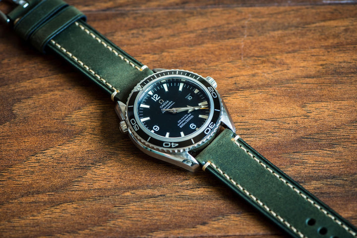 Leather - Border Stitch Pine Green - BluShark Straps