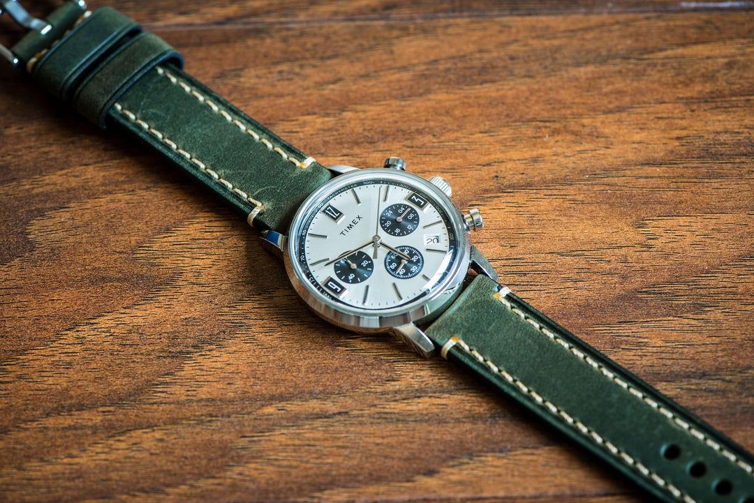 Leather - Border Stitch Pine Green - BluShark Straps