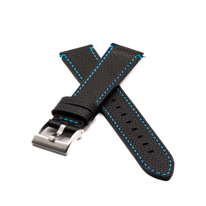 Leather - Contrast Stitch Black with Bright Blue - BluShark Straps