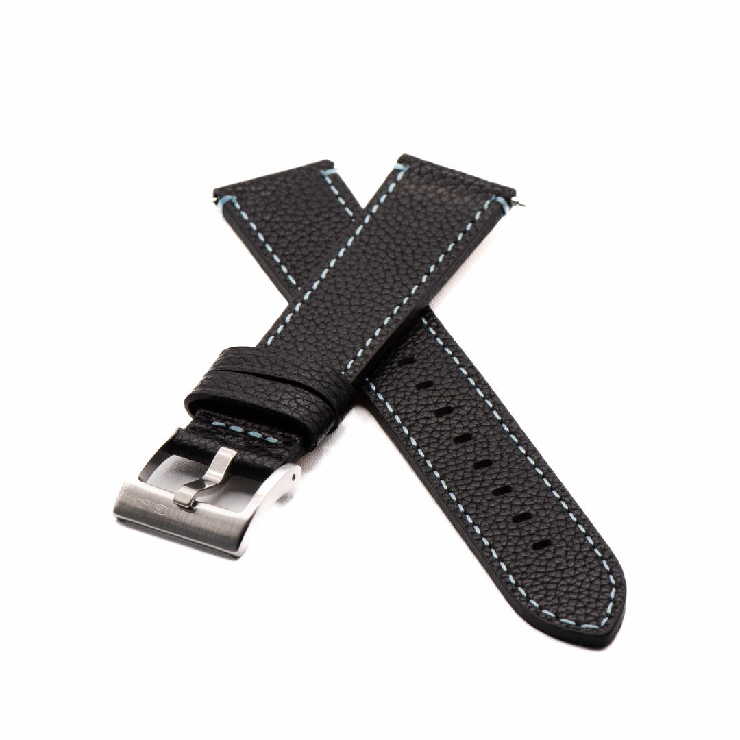 Leather - Contrast Stitch Black with Light Blue - BluShark Straps